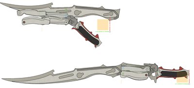 CAD model of Lightning's gunblade, both forms, textures only vaguely similar, positioning looks okay but connections are a little off